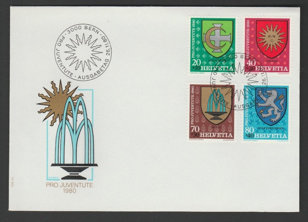 Zwitserland - FDC Pro Juventute 1980 - gemeentewapens, Verzenden, Postfris