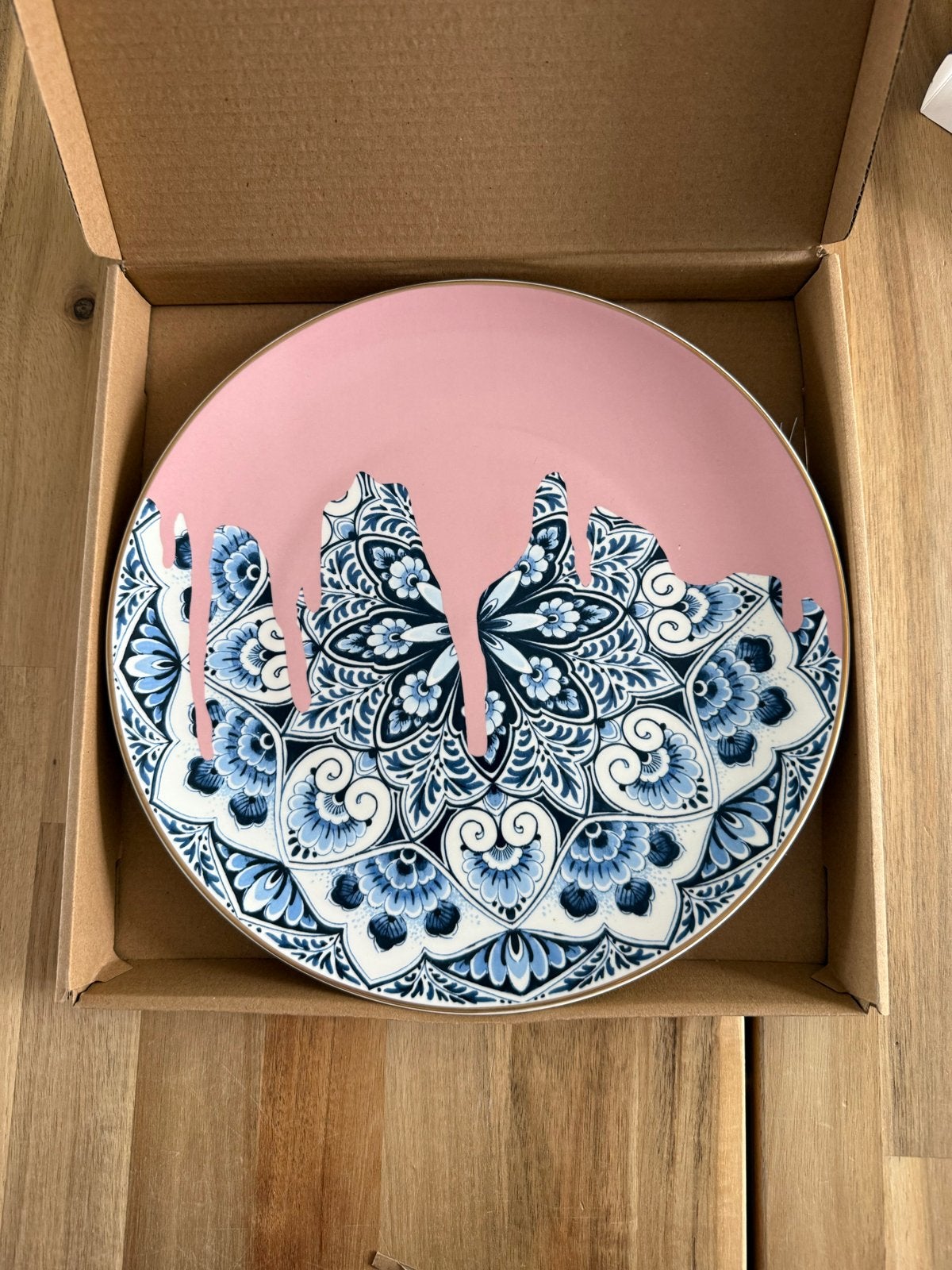 Heinen Delfts Blauw Mandala Roze Sierbord 26 cm, Ophalen