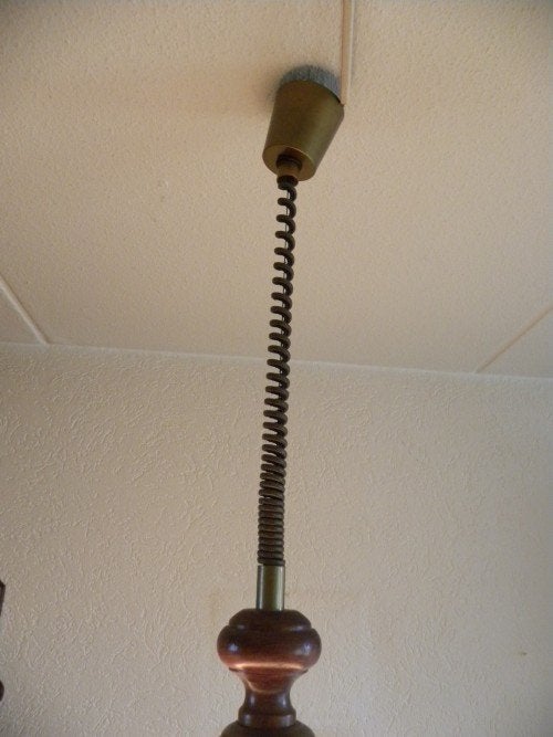 Hanglamp van eiken en messing met glazen schaal met golvende, Ophalen of Verzenden, 'T Olde Gre-j, Info@toldegrej.nl, Endepoelstraat 20f Didam