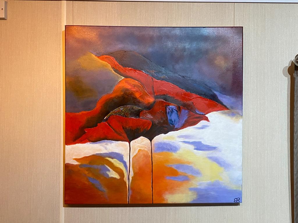 Schilderij met rode papaver Evelien Boerhof, 80x80, Ophalen