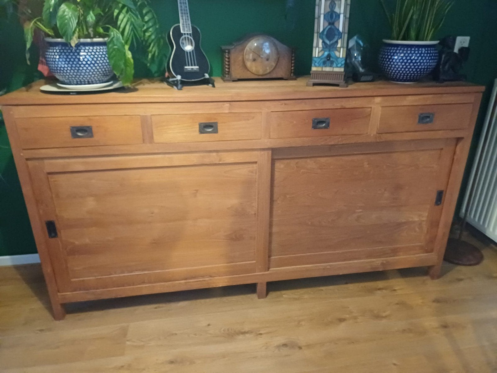 Teakhouten dressoir met schuifdeuren en lades, Ophalen, Gebruikt, Met lade(s), 150 tot 200 cm