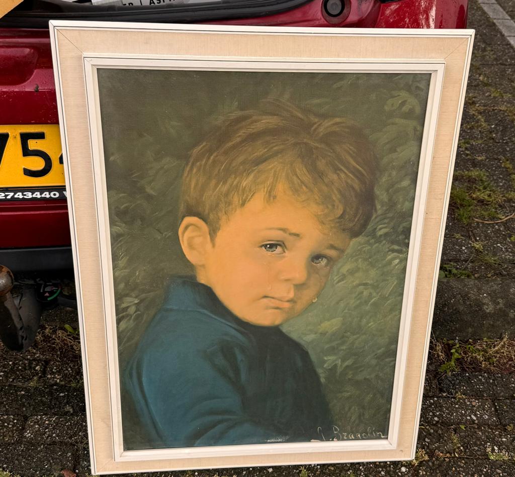 Vintage ingelijste kunstdruk "Huilende Jongen" Bragolin, Ophalen