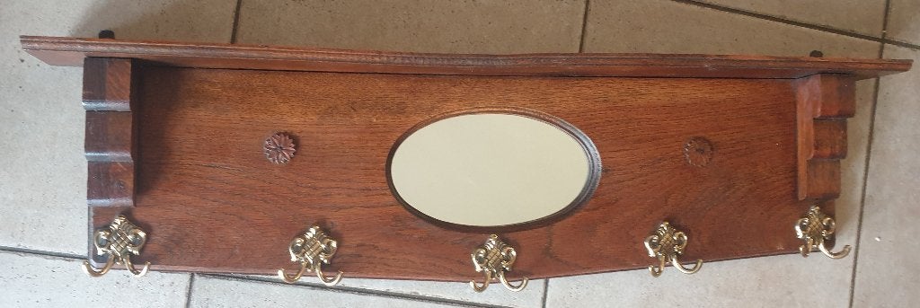 wandkapstok met ovale spiegel+5 dubbele haken vintage/retro, Gebruikt, Minder dan 100 cm, Hout, Ophalen