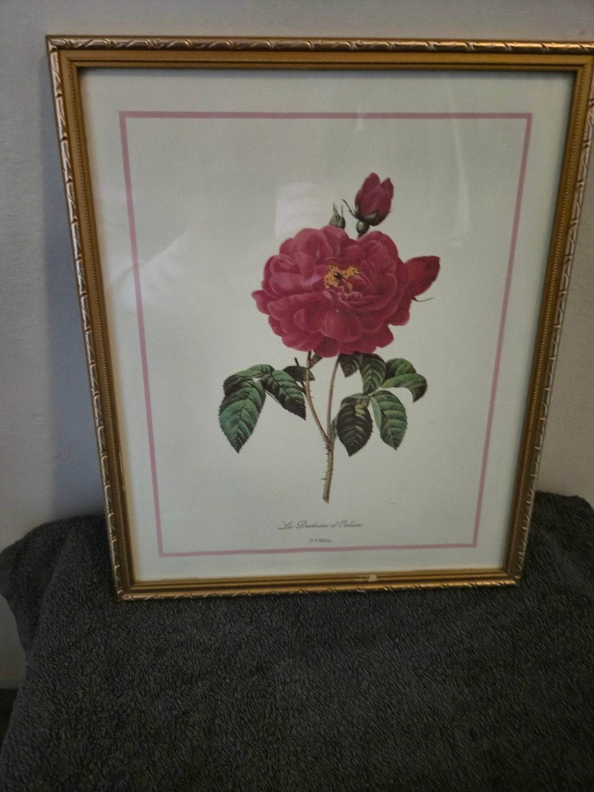 Vintage rozenprint in gouden lijst (27x32cm), Minder dan 50 cm, Gebruikt, Ophalen of Verzenden, Print
