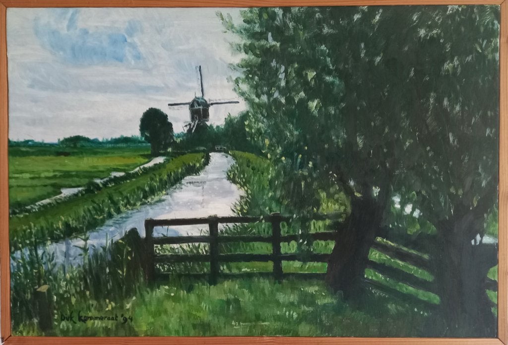 Olieverf schilderij Landschap met molen /Haagse school stijl, Antiek en Kunst, Doek, Impressionistisch, Ophalen of Verzenden, Gesigneerd