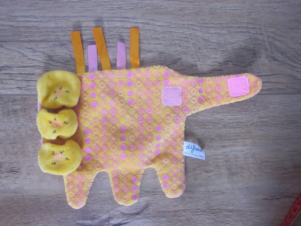 Difrax okergeel-roze zacht knuffel-speendoekje labels, Overige merken, Overige karakters, Overige typen, Ophalen of Verzenden