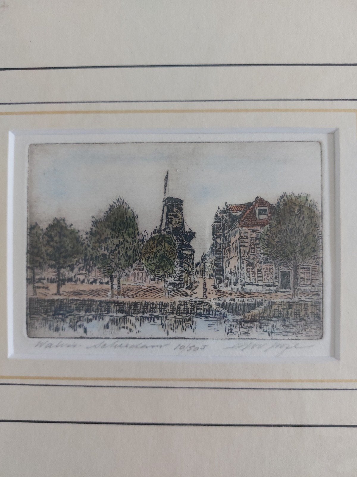 Gesigneerde ets De Walvisch Schiedam van M. Jansen??, Antiek en Kunst, Ophalen of Verzenden