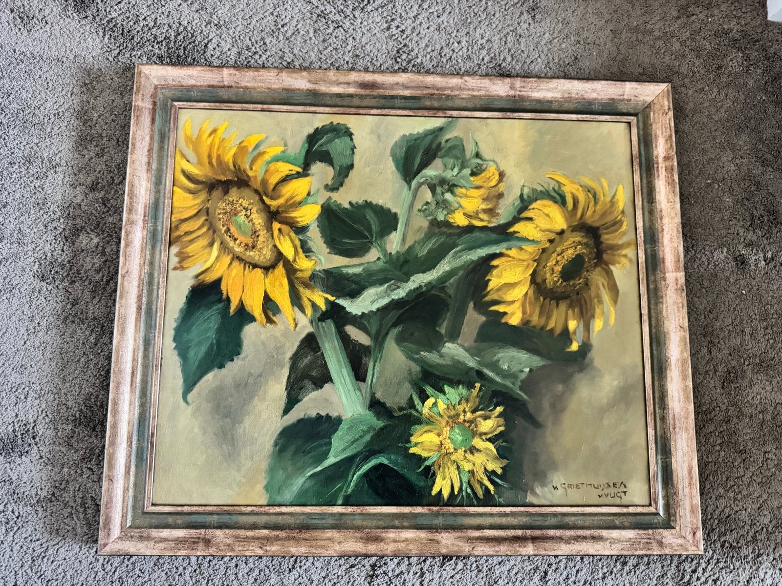 Olieverfschilderij Zonnebloem Stilleven in Houten Lijst, Antiek en Kunst, Kunst | Schilderijen | Klassiek, Doek, Stilleven, Ophalen of Verzenden