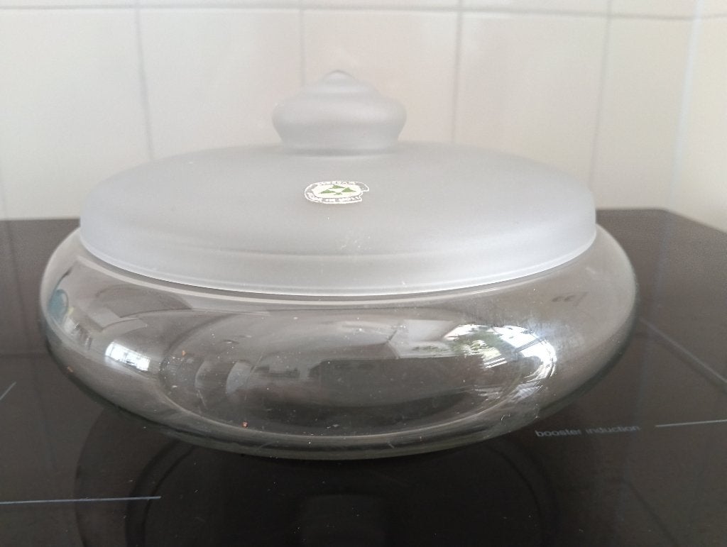 Koekdoos/snoepdoos glas . Leerdam Jaques Boon.+merksticker, Ophalen, Zo goed als nieuw, Glas, Vintage
