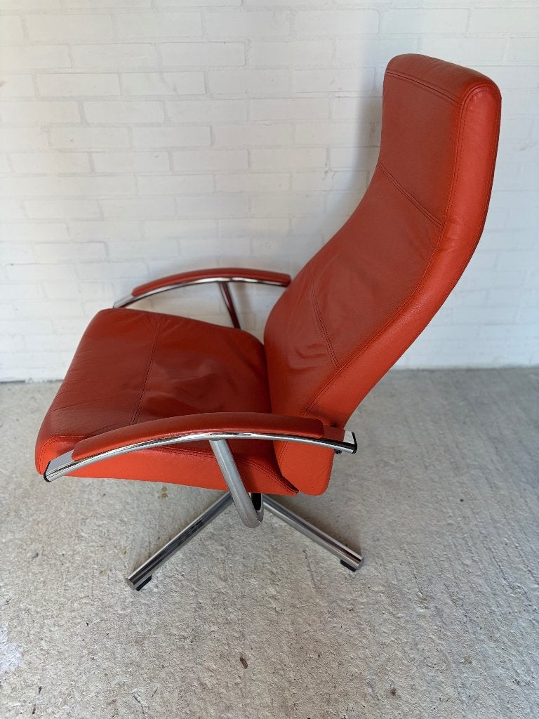 Lederen fauteuil verstelb, oranje, +hocker (winkel i Sassi), Huis en Inrichting, Fauteuils, Ophalen, Gebruikt, 75 tot 100 cm, Modern