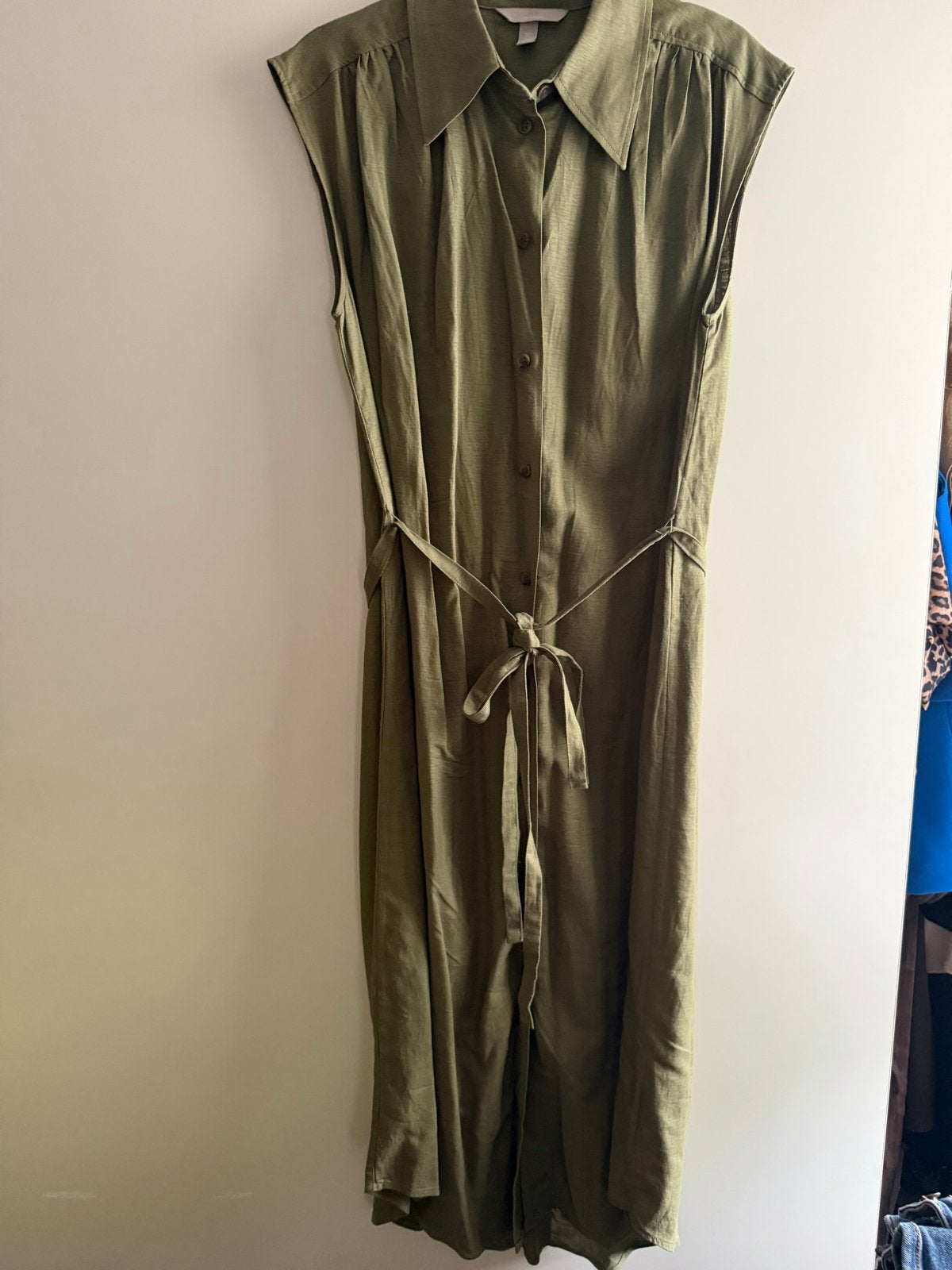 H&M Linnen Blend Jurk - Olijfgroen, Maat S /m, Kleding | Dames, Jurken, Ophalen of Verzenden, Zo goed als nieuw, Maat 36 (S), Onder de knie
