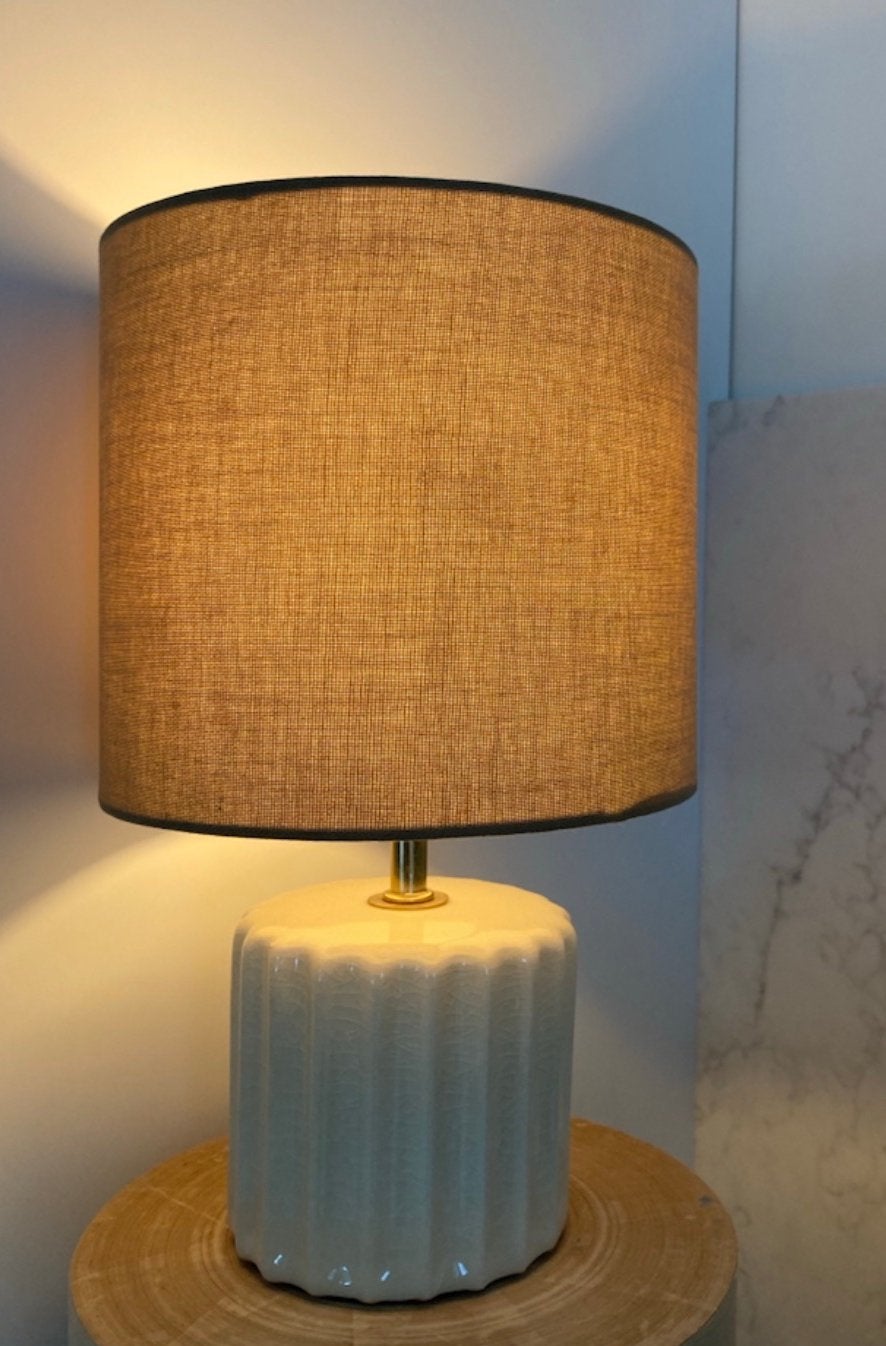 😍Linnen beige tafellamp lampenvoet geglazuurd keramiek goud, Beige, Art deco, Textiel, Ophalen of Verzenden