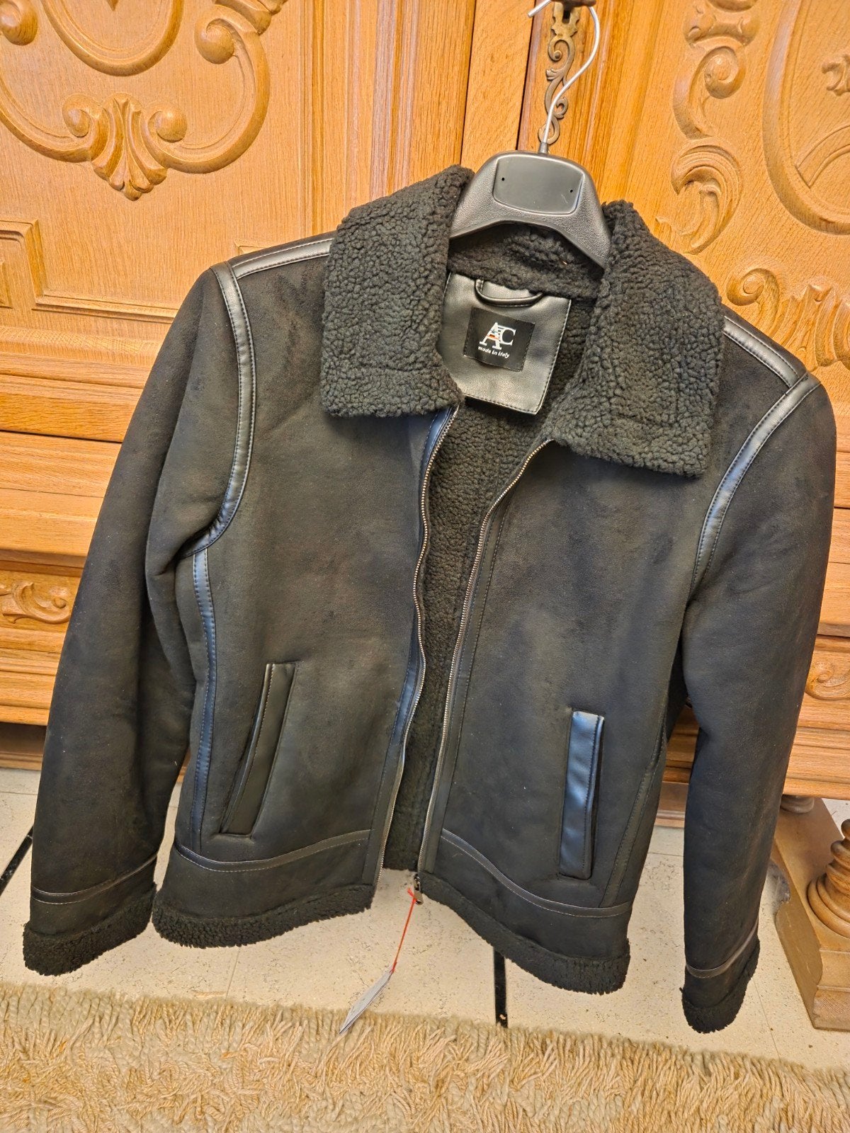 Lammy coat suede jas imitatie, Maat 52/54 (L), Italiaans, Zwart, Nieuw