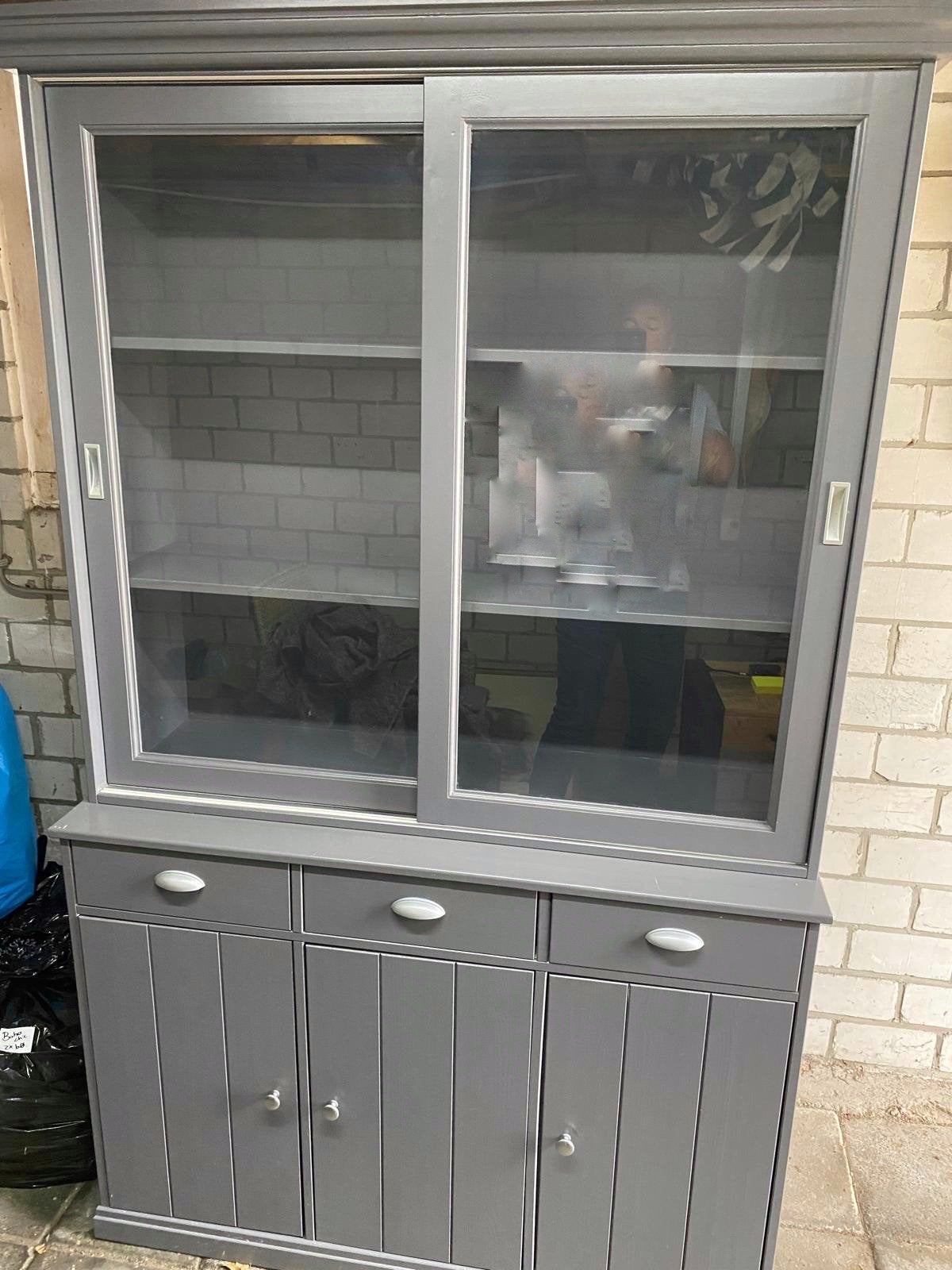 Grijze buffetKast met Vitrine en Lades - 220x120 cm, Huis en Inrichting, Ophalen, Gebruikt, 100 tot 150 cm, Met lade(s)