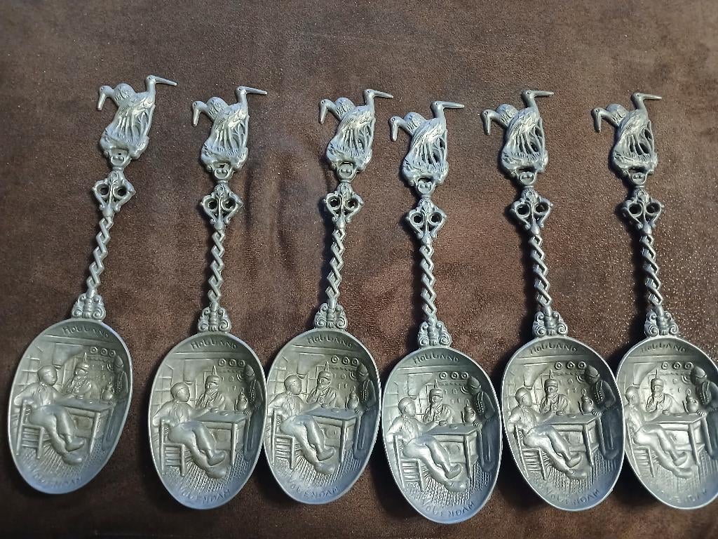 6 antiek tinnen lepels Holland Volendam - ooievaars,22cm, Ophalen of Verzenden