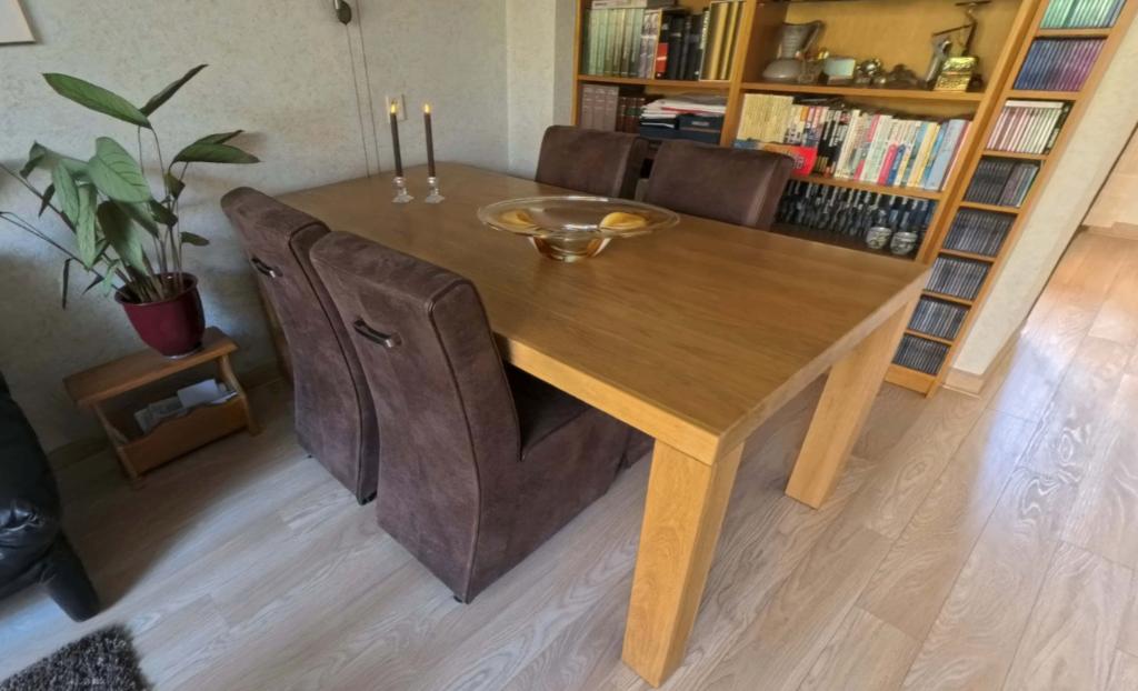 Moderne blank eiken eettafel met 6 verrijdbare stoelen, Ophalen, Modern blank eiken, Eikenhout, 200 cm of meer