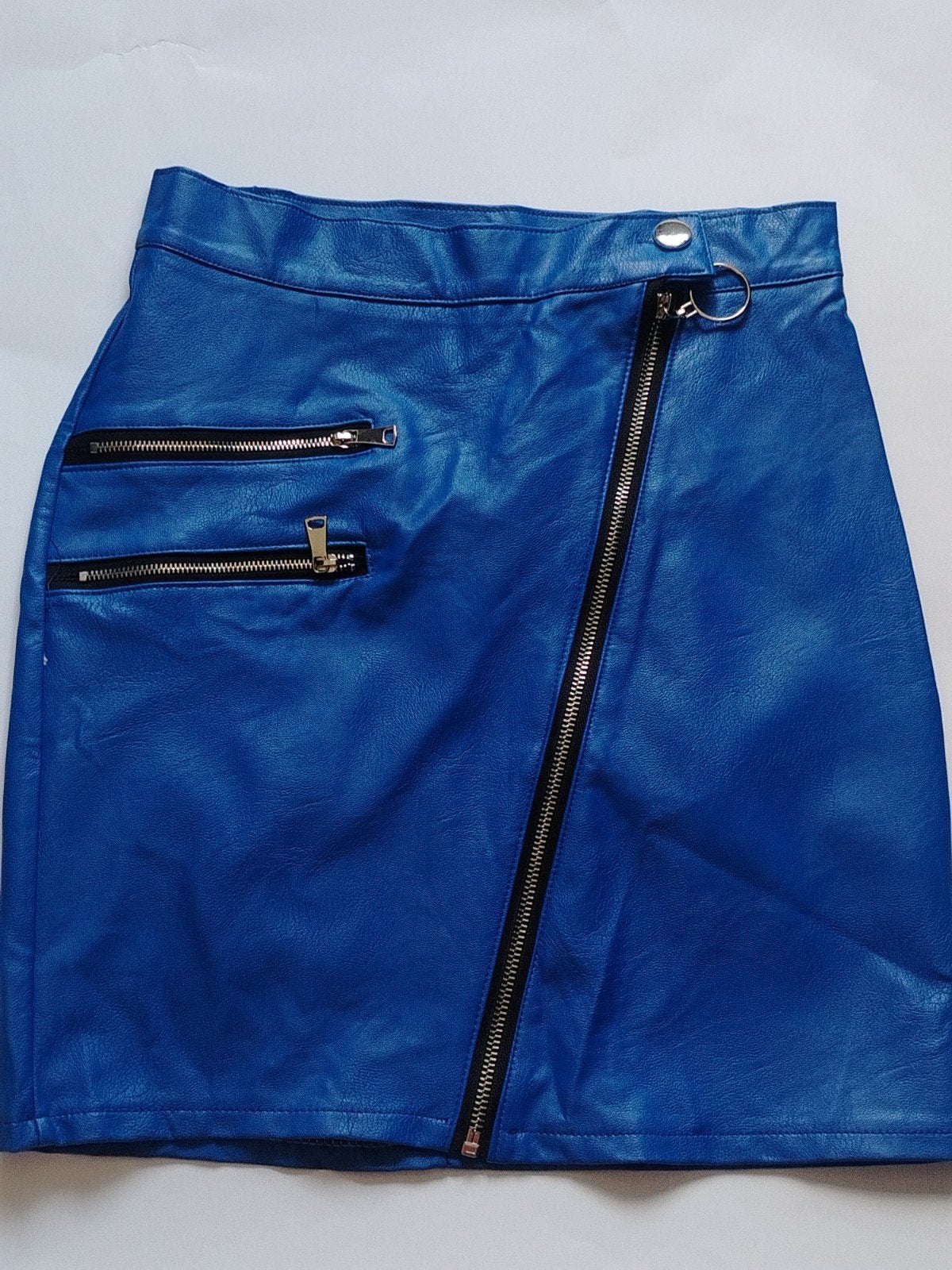 Blauwe leren rok met ritsen - Maat S/16, Blauw, Nieuw, Ophalen of Verzenden, Onbekend