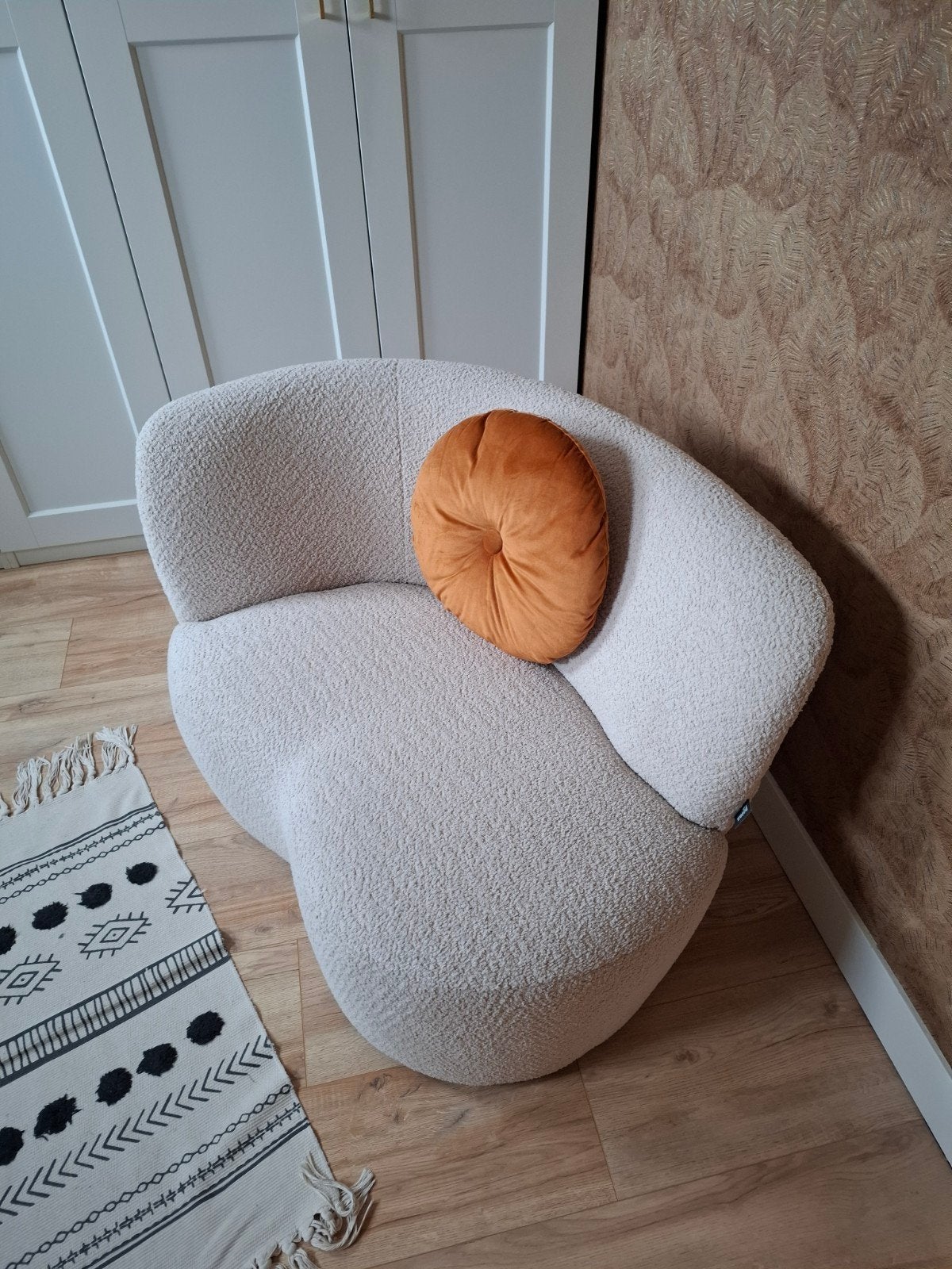 WOOOD Fauteuil Stone crème bouclé stof met leuning links, Ophalen, Modern, Comfortabel, Scandinavisch, 75 tot 100 cm, Zo goed als nieuw