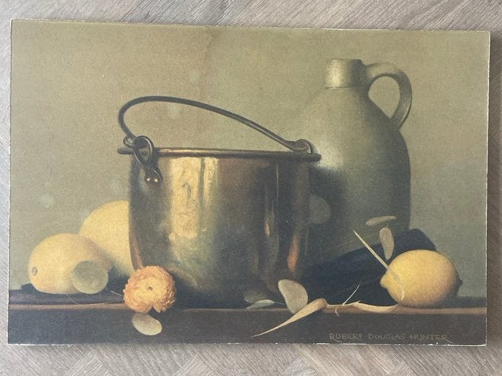 Stilleven met citroenen en emmer - Robert Douglas Hunter, Antiek en Kunst, Paneel, Stilleven, Ophalen of Verzenden, Klassiek