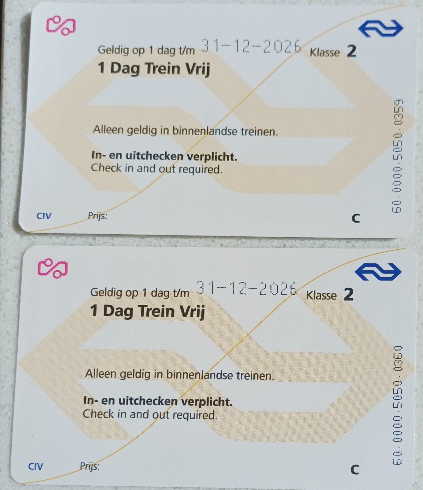 2 treinkaarten 1 dag trein vrij, Tickets en Kaartjes, Trein, Bus en Vliegtuig, Twee personen, Trein, Algemeen kaartje