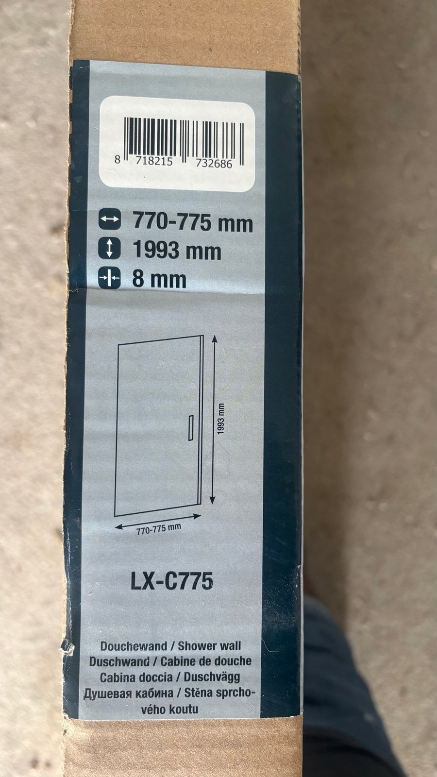 Douchewand / Shower wall 770-775 mm x 1993 mm 8 mm, Ophalen, Nieuw, Glas, Douche