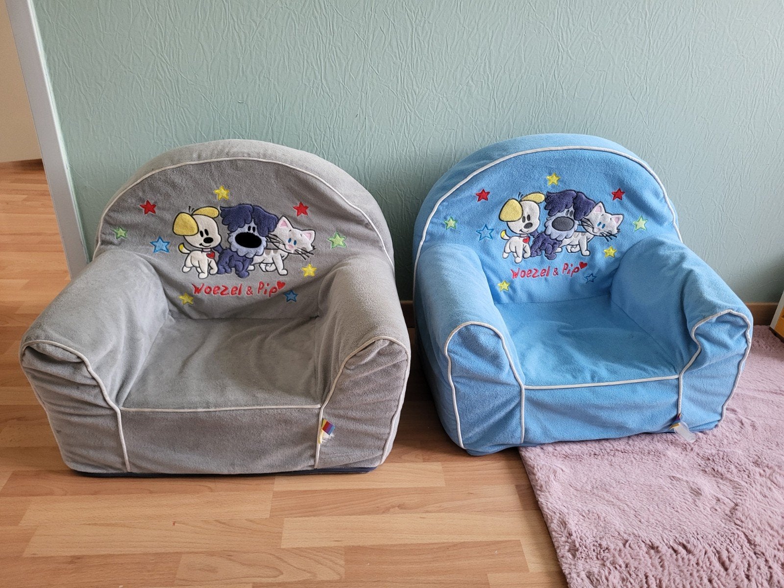 Woezel & Pip kinderstoeltjes - grijs en blauw, Ophalen of Verzenden, Gebruikt, Overige typen