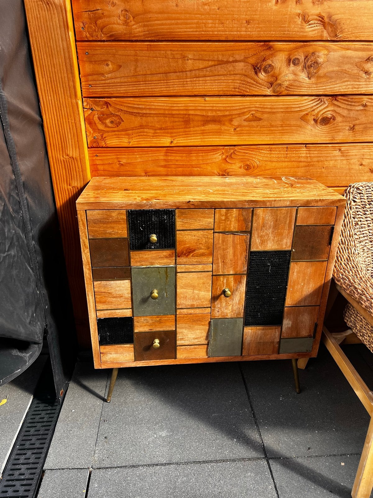 Unieke houten ladekast met patchwork design, Ophalen, Gebruikt, 50 tot 100 cm, 25 tot 50 cm