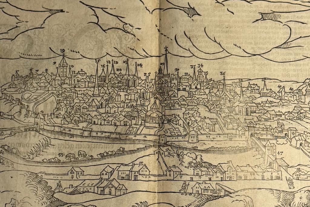 Die Statt Puttiers Poitiers Münster 1588, Antiek en Kunst, Cartografie, Ophalen of Verzenden, Houtsnede, 39 cm