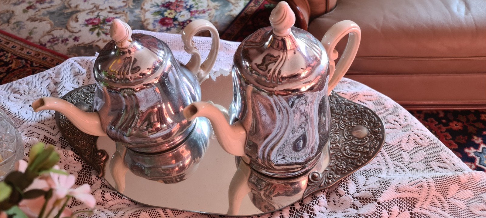 Set van 2 Antieke Verzilverde Koffie-/Theepotten, Antiek en Kunst, Ophalen of Verzenden
