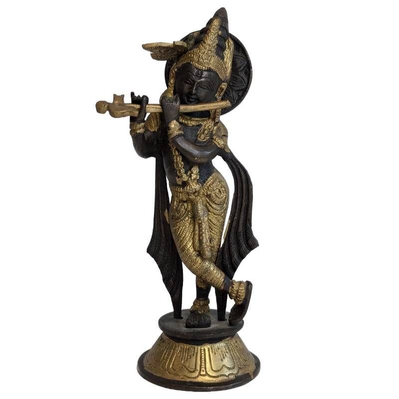 bronzen Krishna beeld met fluit – India – 006, 26 cm, Gebruikt, Ophalen of Verzenden, Goud
