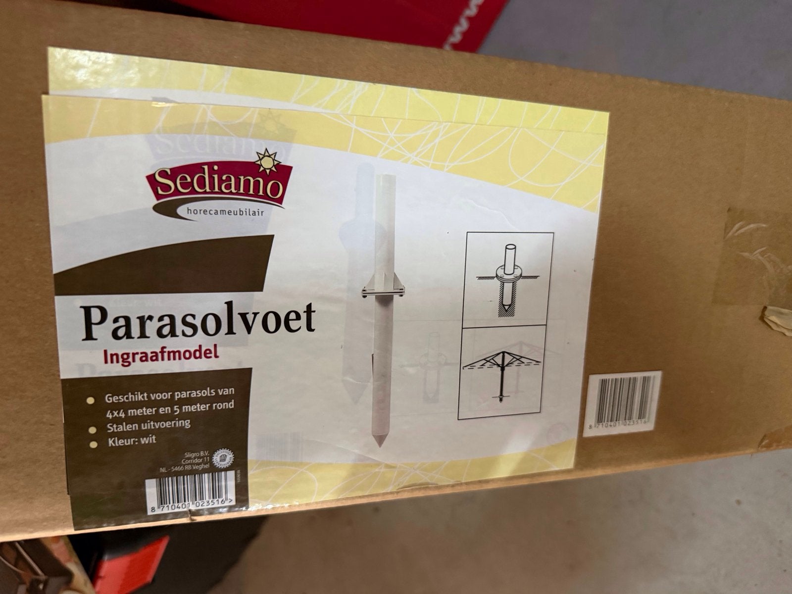 Nieuwe Sediamo parasolvoet ingraafmodel wit (4x4/5m), Ophalen, Nieuw, Meer dan 4 meter, Parasolvoet