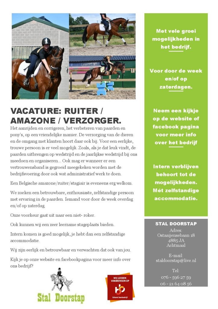 Ruiter | Amazone | Stalmedewerker Gezocht, Variabele uren, Overige niveaus, Geschikt als bijbaan