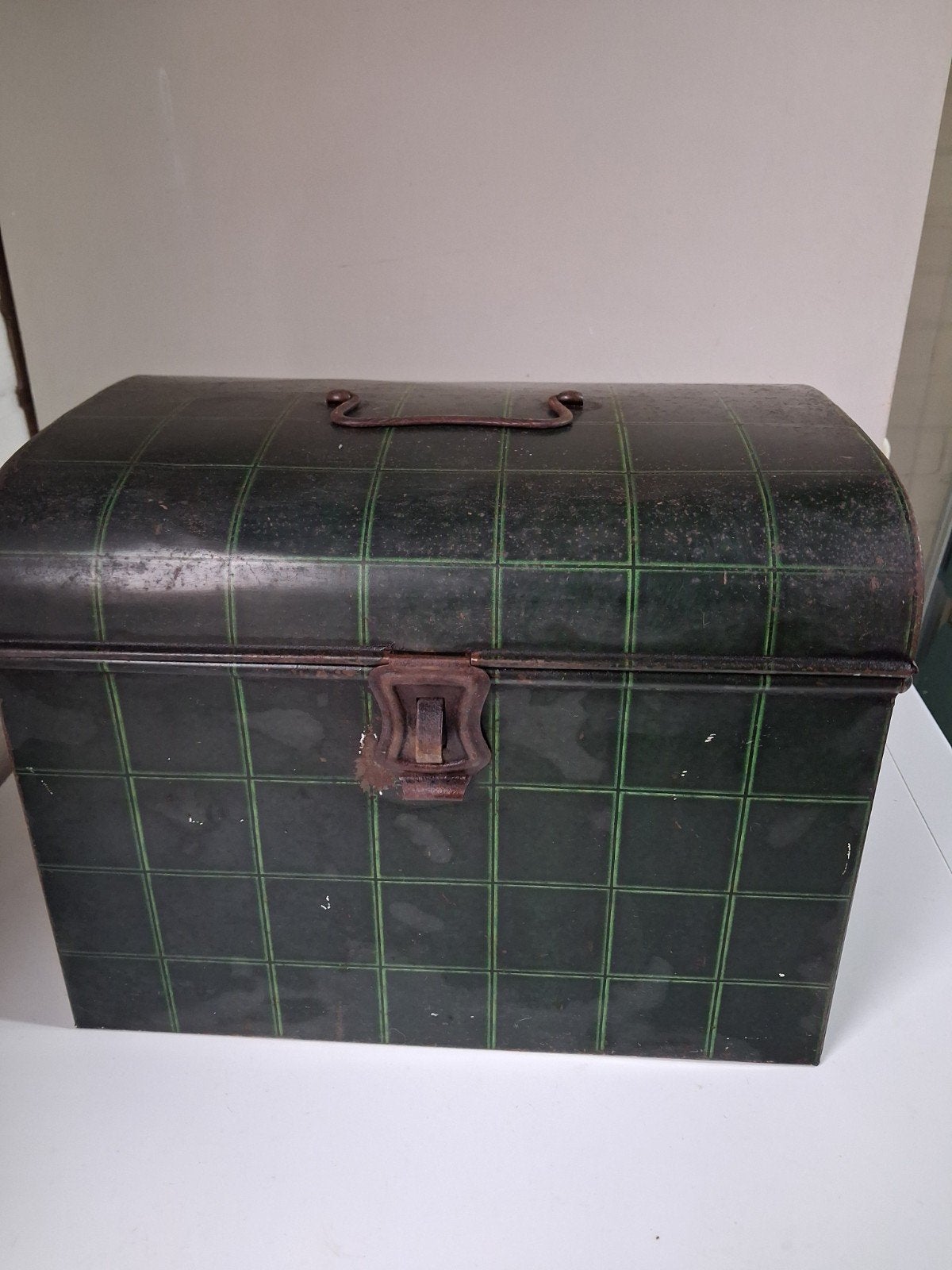 Antieke broodtrommel - Groen geruit patroon, Ophalen