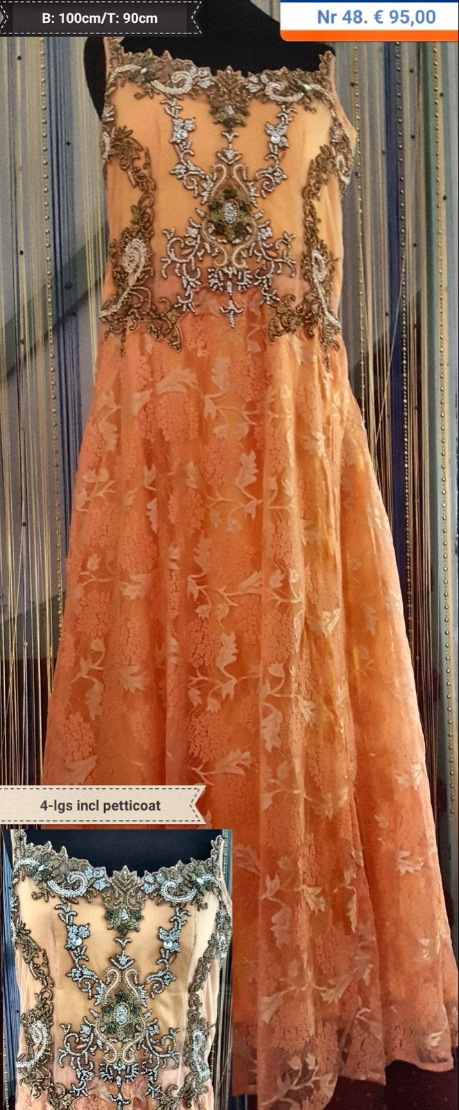 Prachtige lange jurk met borduursels en petticoat, Maat 38/40 (M), Nieuw, Oranje, Ophalen of Verzenden