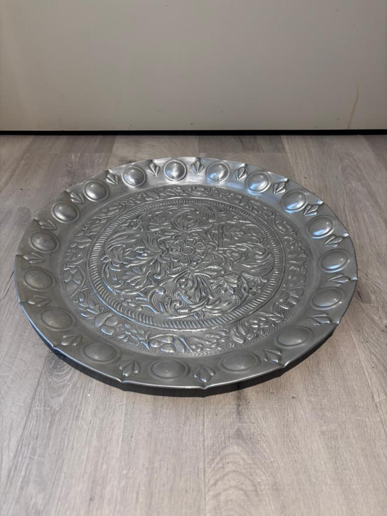 Grote zilverkleurige oriëntaalse decoratieschaal 50cm, Ophalen of Verzenden, Zo goed als nieuw, Rond, Overige materialen