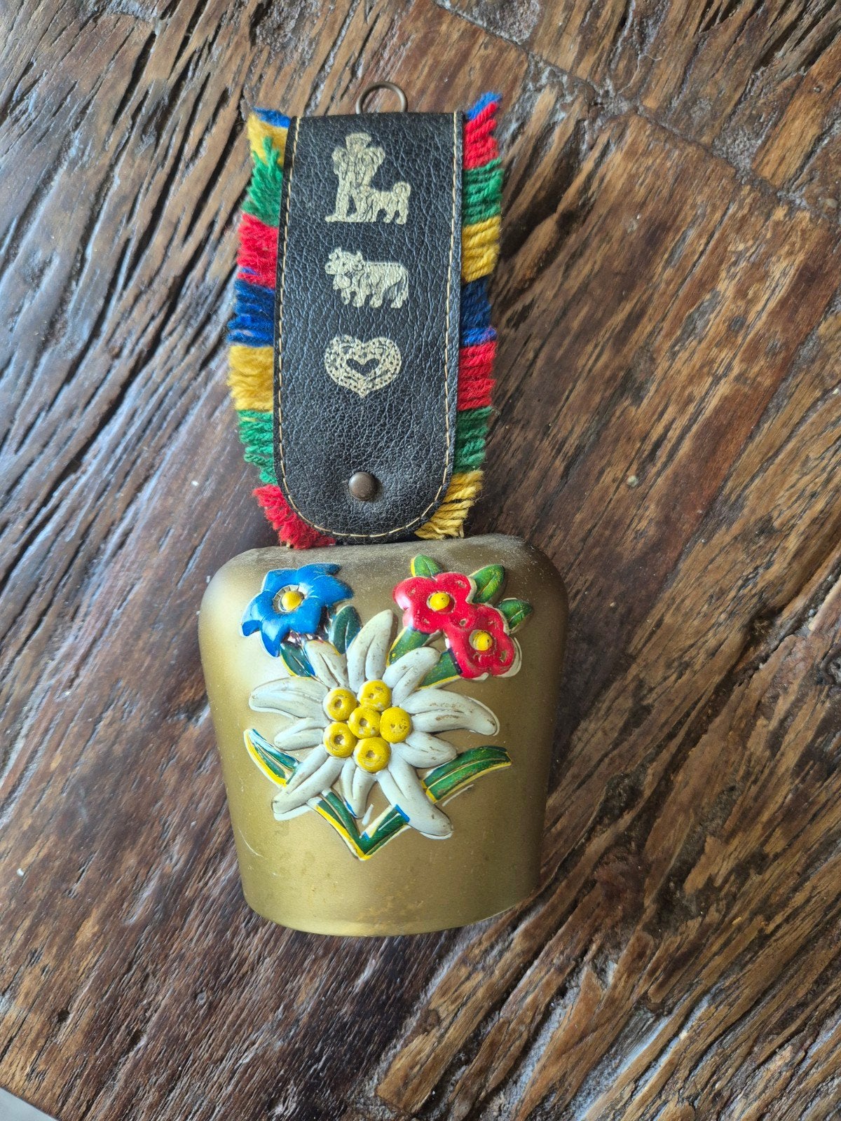 Vintage Alpenkoe bel met Edelweiss en kleurrijke band, Ophalen of Verzenden