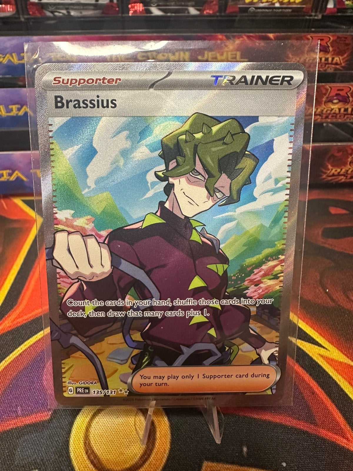Brassius (PRE 135) Prismatic Evolutions, Ophalen of Verzenden, Zo goed als nieuw, Losse kaart, Foil