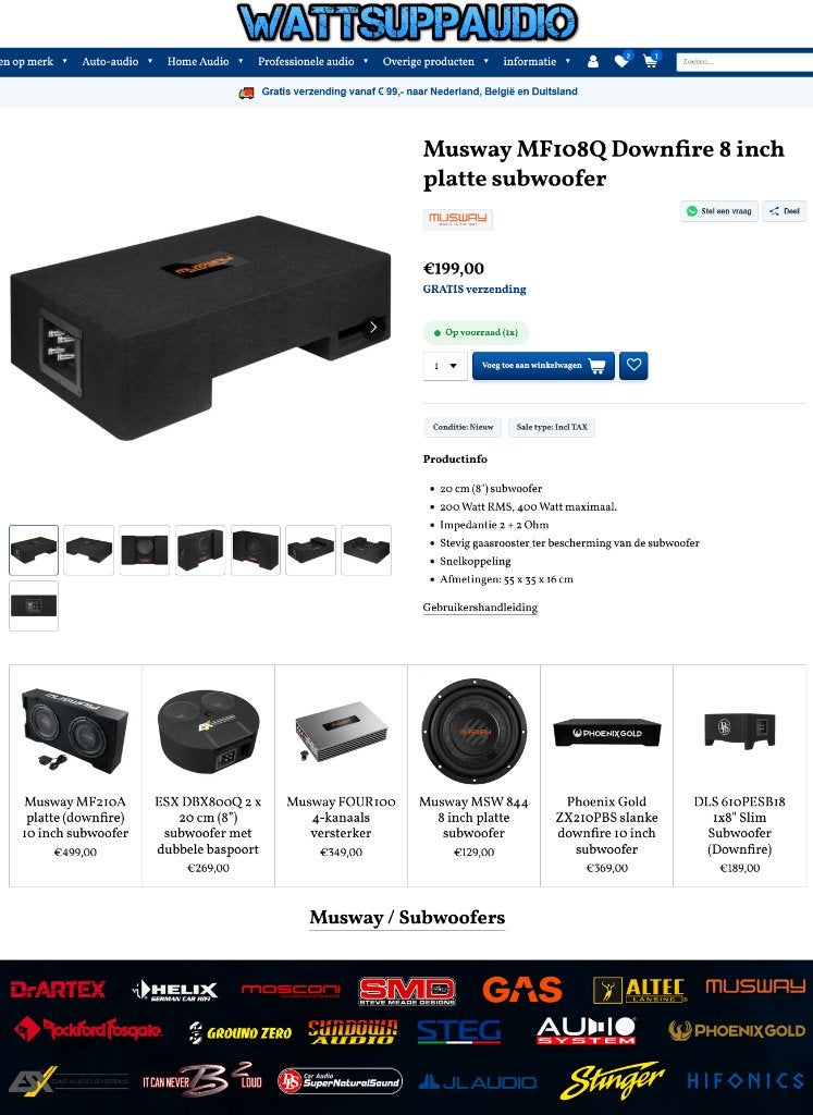 Musway MF108Q Downfire 8 inch Flat subwoofer, Auto diversen, Am Breilingsweg 3, 76709 Kronau, Duitsland, Audio Design, Nieuw, Ophalen of Verzenden