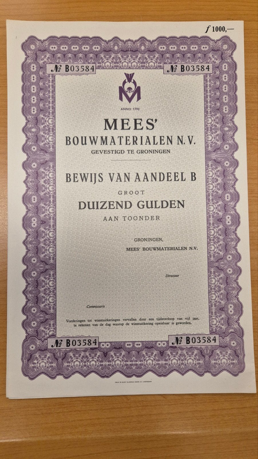 Oud aandeel Mees' Bouwmaterialen N.V. Groningen, Ophalen of Verzenden, 1950 tot 1970, Aandeel