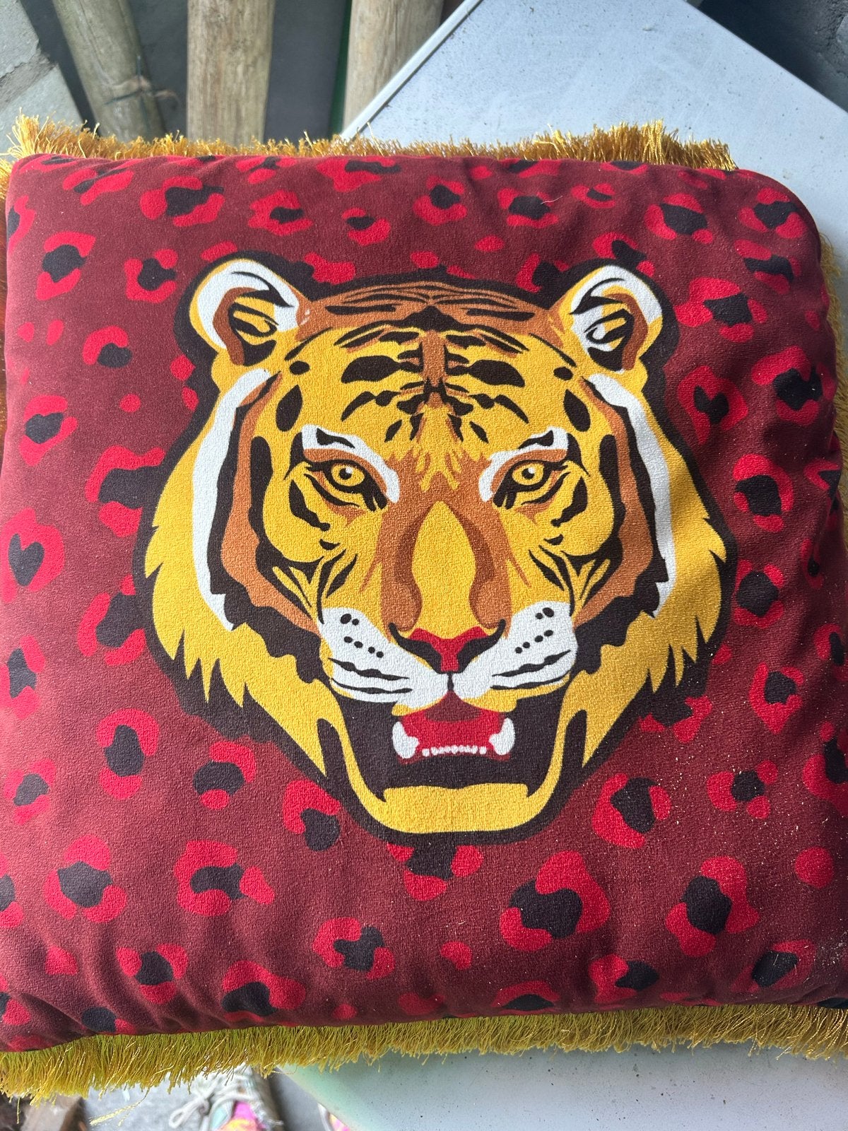 Tijger Sierkussen met Franjes - Zo Goed als Nieuw, Ophalen, Overige merken, Meerkleurig, Met print