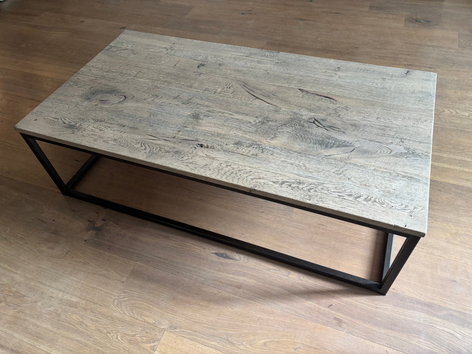 Salontafel met massief eiken houten blad, Ophalen, Gebruikt, 100 tot 150 cm, 50 tot 100 cm