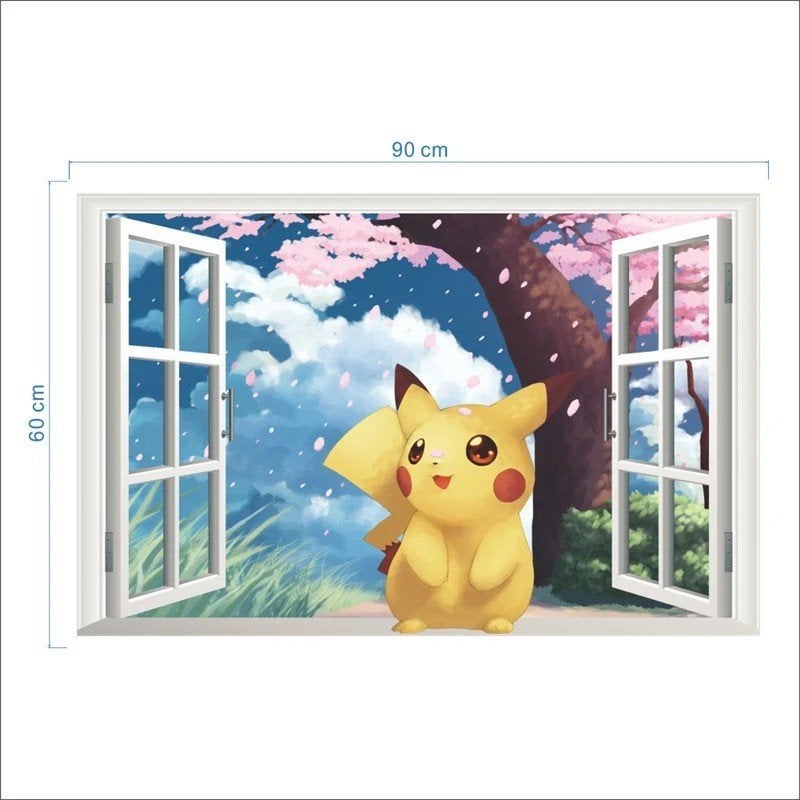 Pokemon muursticker van PVC - Pikachu in deur (90x60cm)