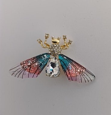 Goudkleurige broche vlieg blauw roze strass steen, Verzenden, Nieuw, Blauw, Overige materialen