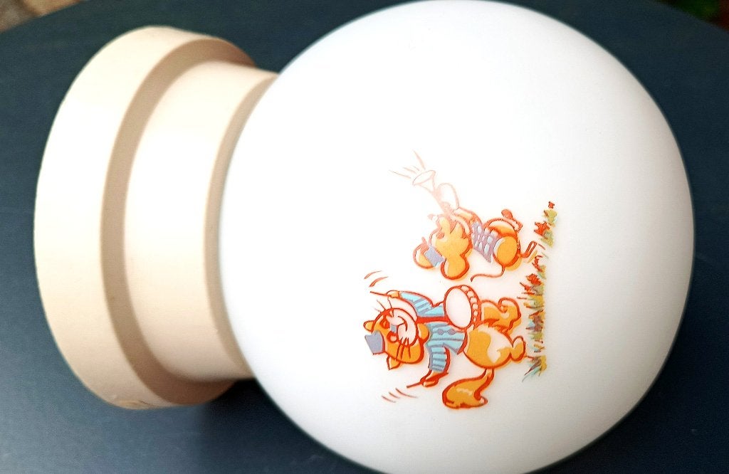 vintage plafondlamp met kinder illustraties - HEMA 60s, Huis en Inrichting, Gebruikt, Meerkleurig, Glas, E27 (groot)