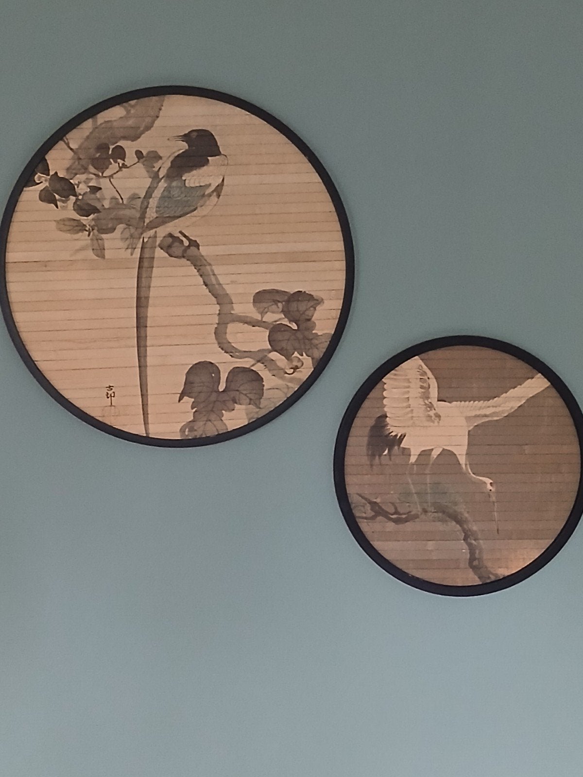 Rond houten schilderij/wanddecoratiemet vogel. 2 stuks., Huis en Inrichting, Woonaccessoires | Schilderijen, Tekeningen en Foto's