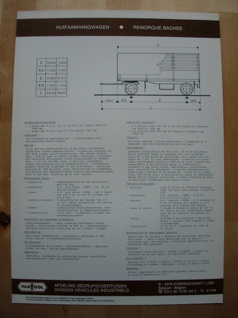 Van Hool Huif Aanhangwagen Brochure ca 1975, Van Hool, Ophalen of Verzenden, Zo goed als nieuw, Overige merken