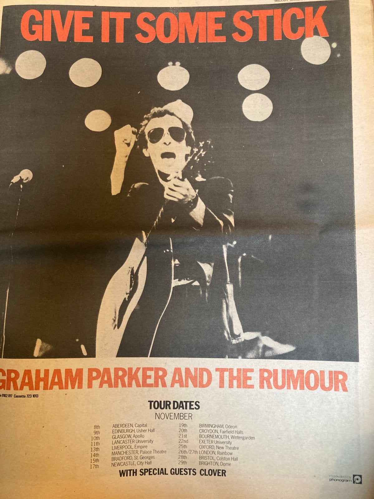 GRAHAM PARKER Give It Some Stick tour A3 advertentie, Ophalen of Verzenden
