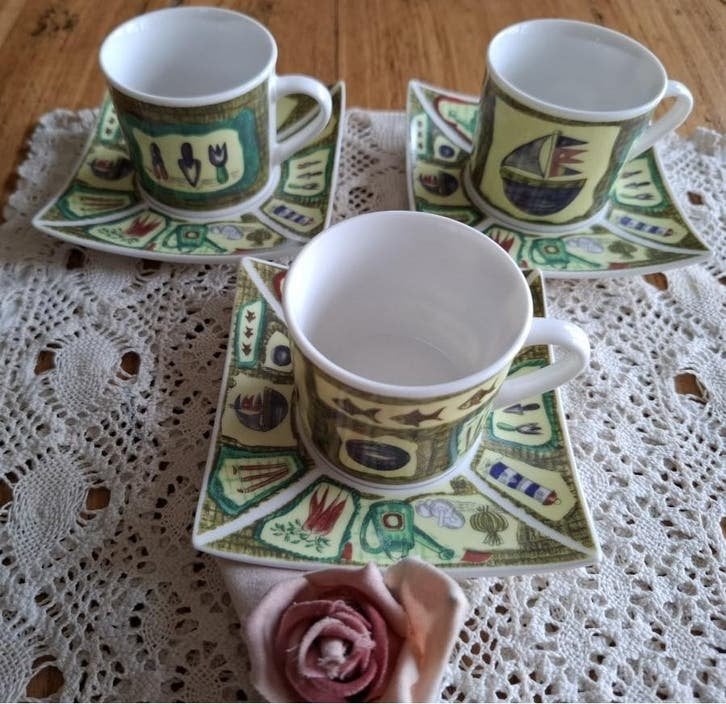 3 espresso kop & schoteltjes, boot, vis, tuin, vuurtoren, -, -, Ophalen of Verzenden, Zo goed als nieuw