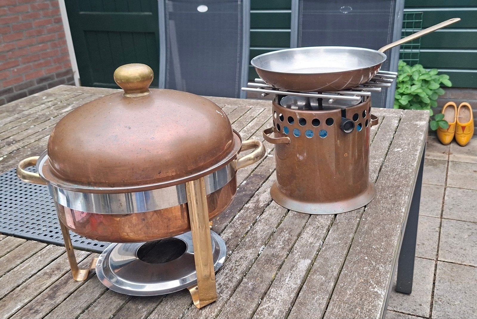 Koperen Chafing Dish en Koekenpan Set vintage, Ophalen of Verzenden, Gebruikt