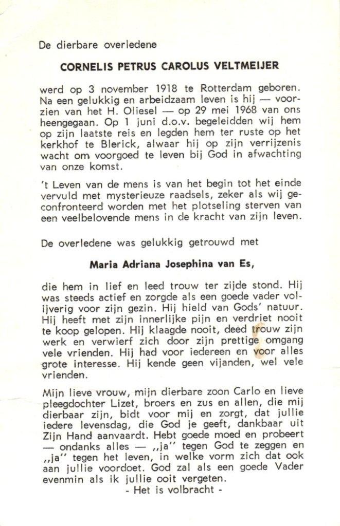 Veltmeijer Cornelis Petrus C. Rotterdam 1918-1968 Blerick, Ophalen of Verzenden